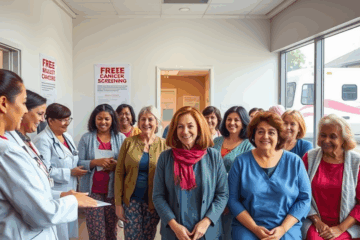 Mulheres agendando exames de câncer de mama gratuitos para a saúde mamária.