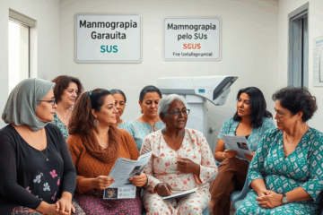 Imagem representativa de mulheres realizando mamografia gratuita pelo SUS, destacando a importância da detecção precoce do câncer de mama.