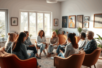 Imagem representativa de uma sessão de psicoterapia em grupo gratuita, destacando a importância da saúde mental e apoio mútuo.