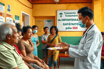 Imagem ilustrativa do tratamento gratuito de hipertensão pelo SUS, mostrando medicamentos e unidades de saúde.