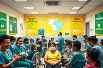 Imagem ilustrativa do Programa de Saúde Bucal Gratuito, mostrando dentistas atendendo pacientes.