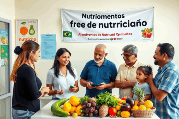Imagem ilustrativa sobre atendimentos de nutrição gratuitos no Brasil, mostrando profissionais de saúde atendendo pacientes.